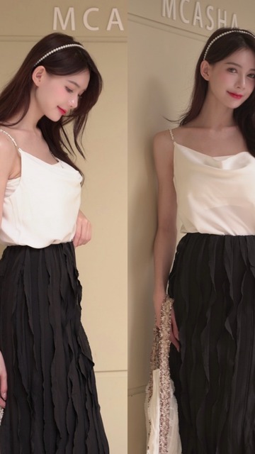 ➤氣質珍珠鍊條緞絲背心(3色)