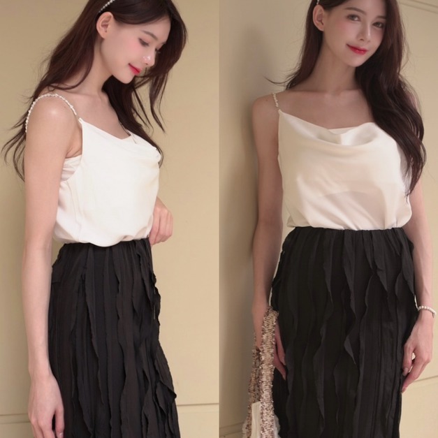 ➤氣質珍珠鍊條緞絲背心(3色)