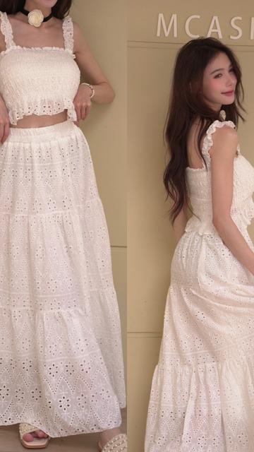 ➤燒花吊帶背心搭配鬆緊長裙(3色)