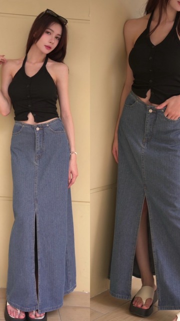 ➤直紋牛仔開岔長裙S-XL