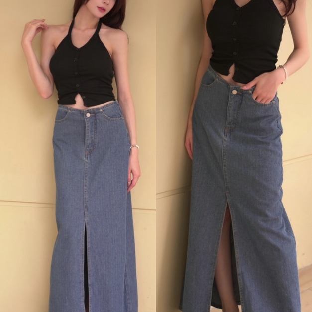 ➤直紋牛仔開岔長裙S-XL