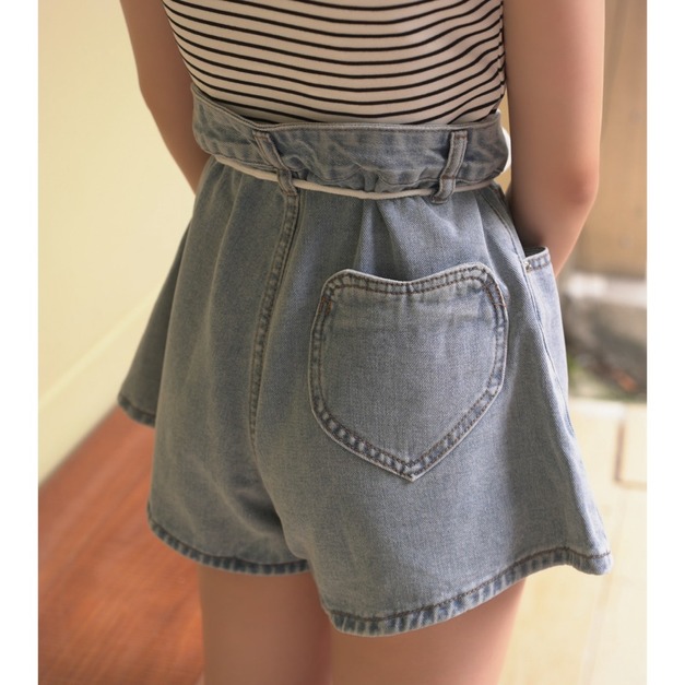➤抽繩花苞顯瘦愛心牛仔短褲S~L