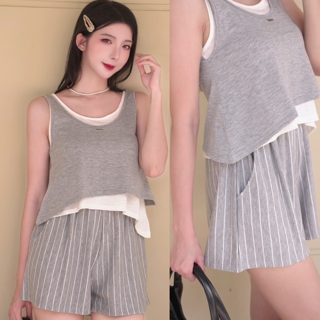 ➤舒服能直紋鬆緊短褲（3色）