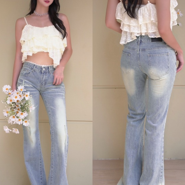 ➤蕾絲拼接刷色牛仔中腰喇叭長褲 S-L