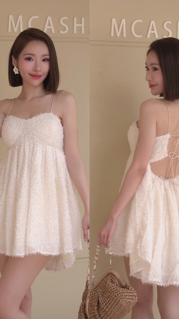 度假風美背羽毛短洋（2色）