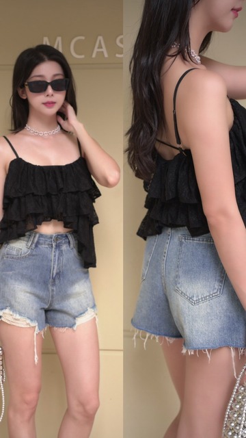 ➤高腰A字牛仔刷破短褲S-XL