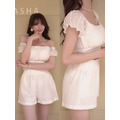 ➤氣質燒花縮腰上衣搭配鬆緊短褲（2色）