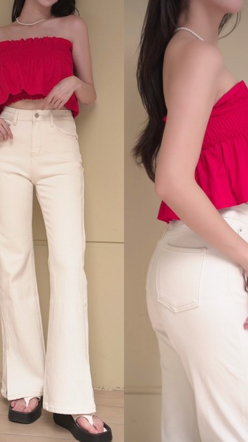 ➤米白色時髦微喇叭長褲S-L