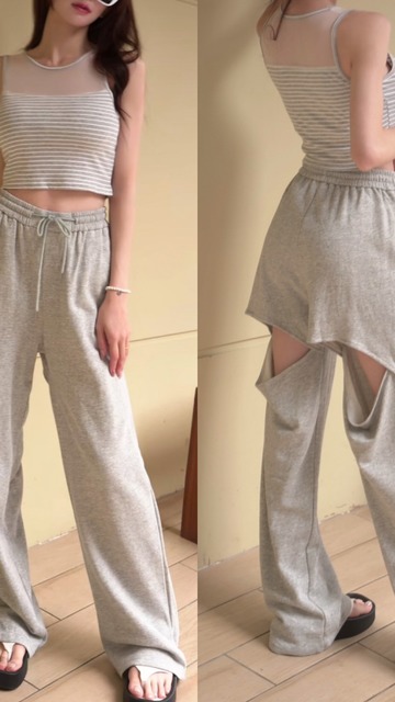 ➤時髦後方挖洞設計抽繩棉寬褲(2色)