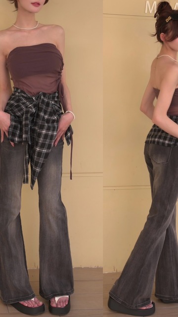 美式格紋綁帶喇叭長褲S-XL(2色）