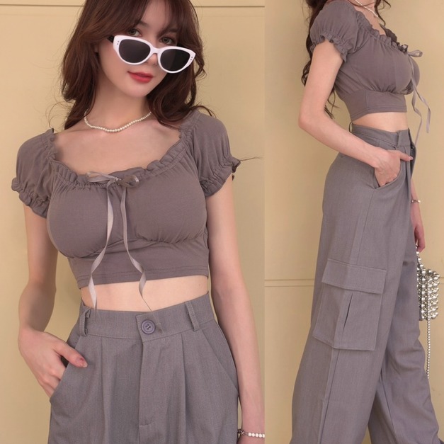 ➤魅力捲邊短袖短版胸墊上衣(5色)