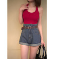 ➤超高腰附皮帶牛仔反摺短褲S~XL(2色)