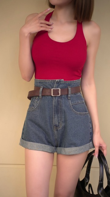 ➤超高腰附皮帶牛仔反摺短褲S~XL(2色)