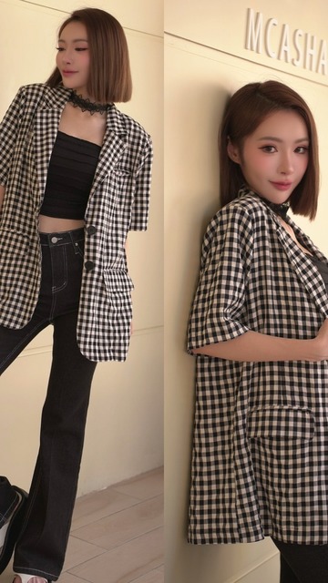 ➤日系格子品色棉麻西領外套(2色)