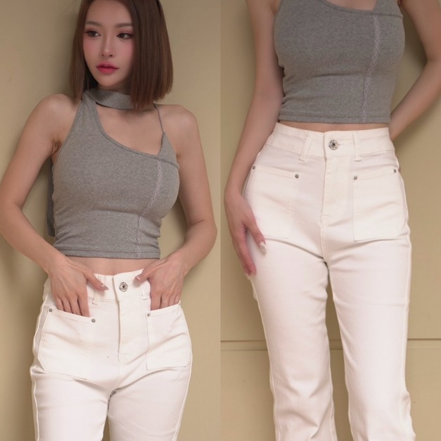 時髦拼接蕾絲邊繞頸特色背心(3色)