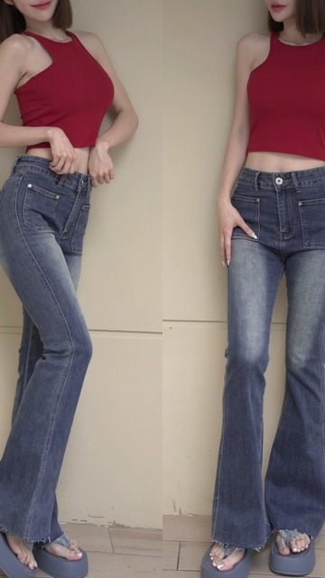 ➤韓版刷色方型口袋喇叭長褲S~L