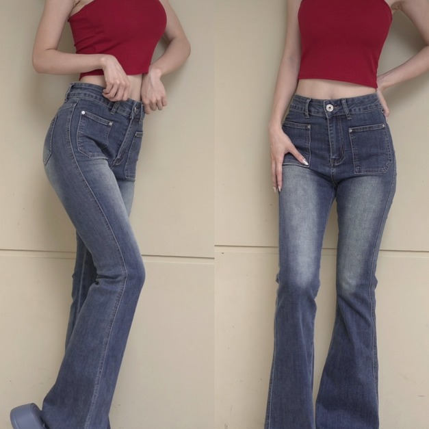 ➤韓版刷色方型口袋喇叭長褲S~L