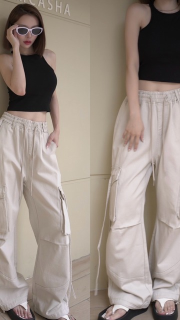 個性鬆緊工裝寬褲S~M (2色)