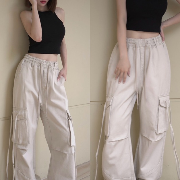 個性鬆緊工裝寬褲S~M (2色)