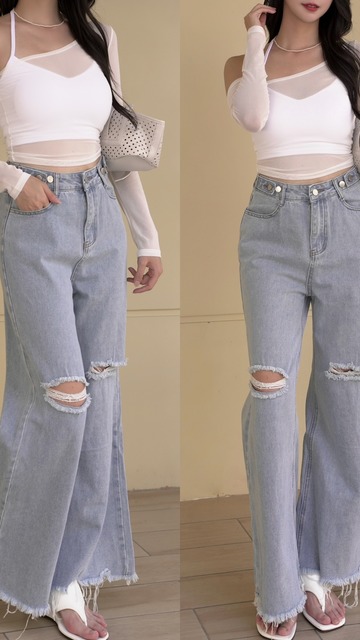 可調整腰圍牛仔喇叭長褲S-L