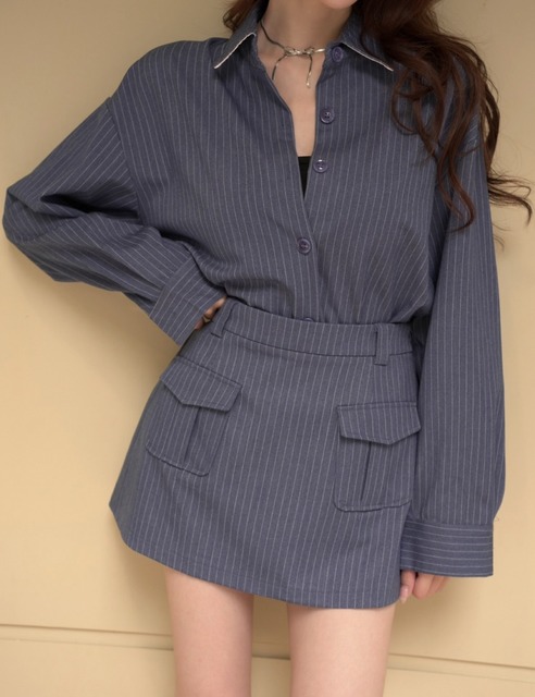 ➤俐落感直紋襯衫搭配鬆緊短褲裙(2色)