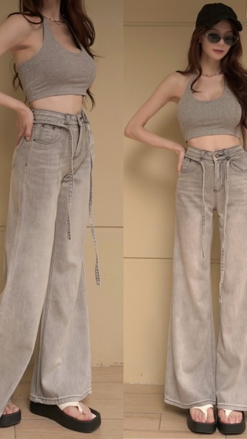 ➤時髦百搭素面綁繩牛仔寬褲S-L