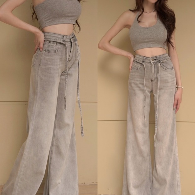 ➤時髦百搭素面綁繩牛仔寬褲S-L