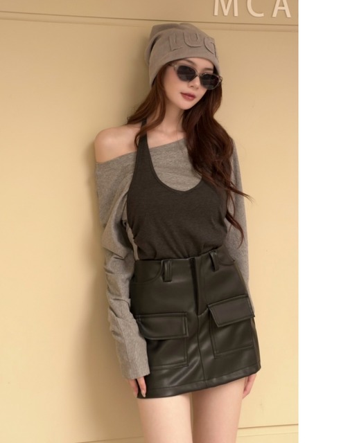 慵懶舒適假兩件綁脖長袖上衣(2色)