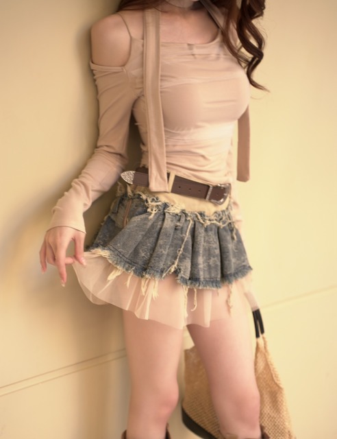 復古拼接網紗副皮帶牛仔短裙S~M