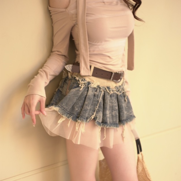 復古拼接網紗副皮帶牛仔短裙S~M