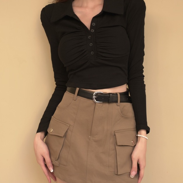 ➤翻領修身小釦胸墊長袖上衣(5色)