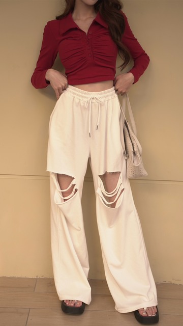 ➤超時髦膝蓋抓破棉寬褲(2色)