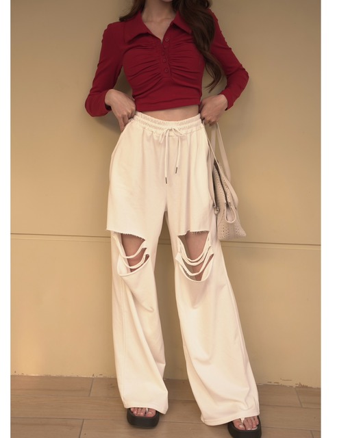 ➤超時髦膝蓋抓破棉寬褲(2色)