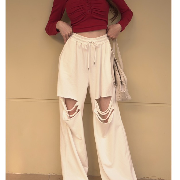 ➤超時髦膝蓋抓破棉寬褲(2色)