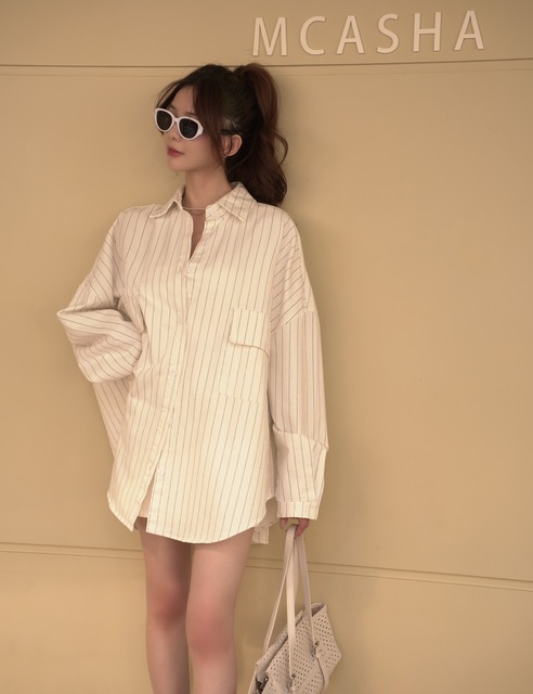 歐美率性直紋寬大長襯