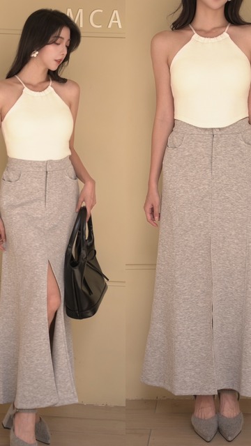 鬆緊太空棉開岔氣質長裙 (2色)