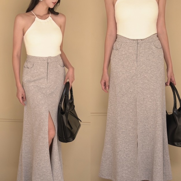 ➤鬆緊太空棉開岔氣質長裙 (2色)