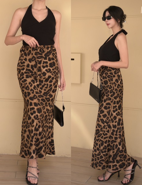 時髦豹紋鬆緊絲質長裙