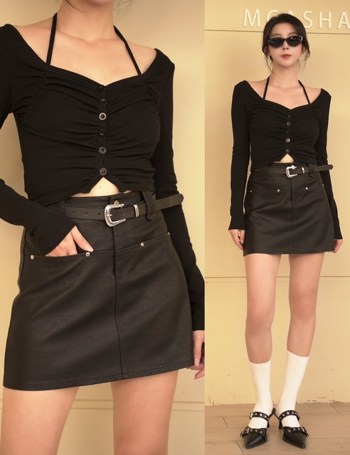 ➤副皮帶卯釘高腰A字皮裙S~L