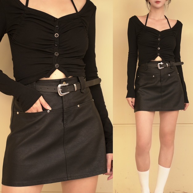 ➤副皮帶卯釘高腰A字皮裙S~L