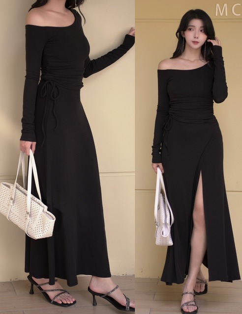 ➤氣質斜肩胸墊長袖上衣搭配一片式長裙 (3色)