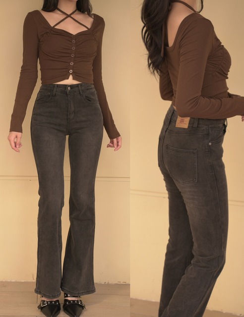 ➤復古炭灰牛仔喇叭長褲S~L