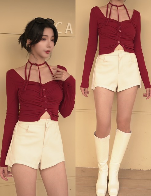 ➤多穿法排釦抓皺長袖上衣 (5色)