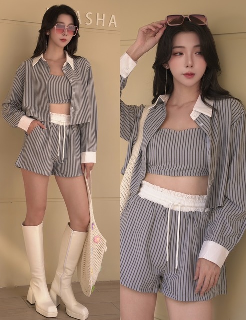 ➤時髦直紋短襯搭配鬆緊抹胸抽繩短褲 (2色)