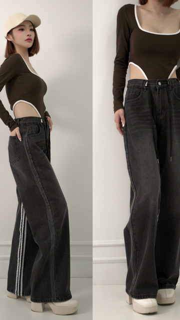 ➤修身推薦抽繩牛仔寬褲S-L(2色）