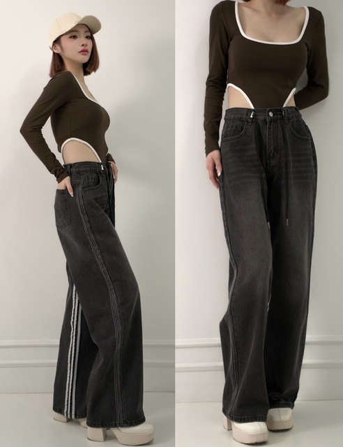 ➤修身推薦抽繩牛仔寬褲S-L(2色）