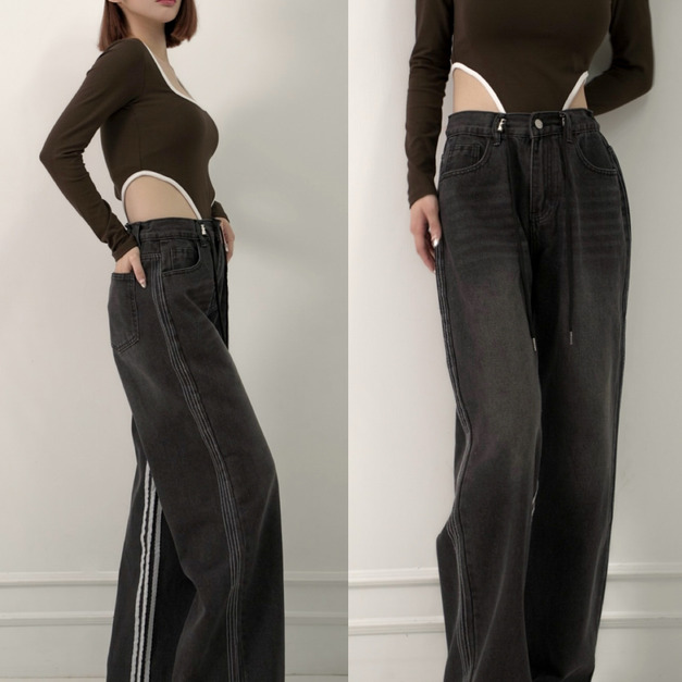 ➤修身推薦抽繩牛仔寬褲S-L(2色）