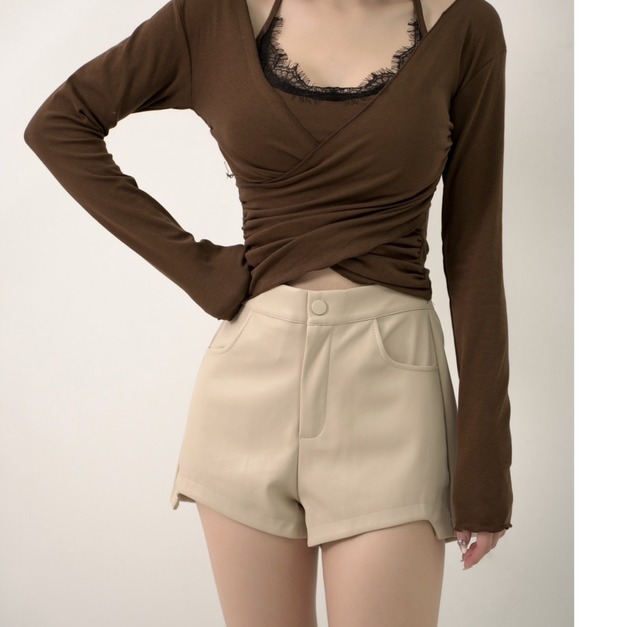 羽毛綁脖胸墊背心交疊長袖上衣（四色）