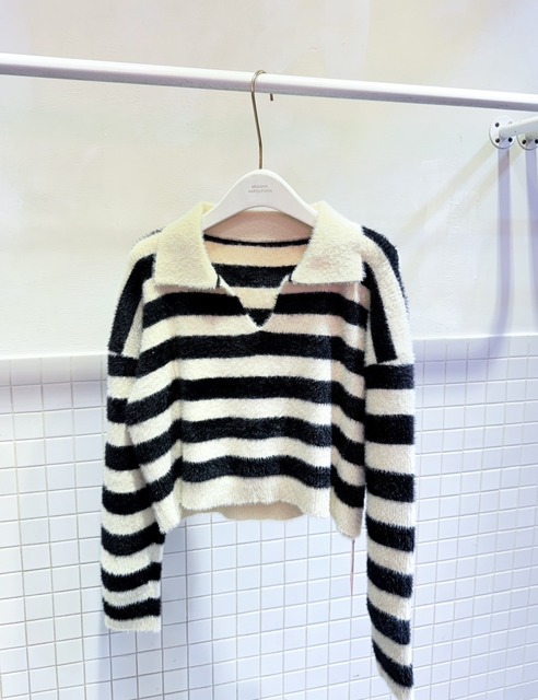 ➤親膚柔軟海馬毛翻領條紋毛衣條紋毛衣