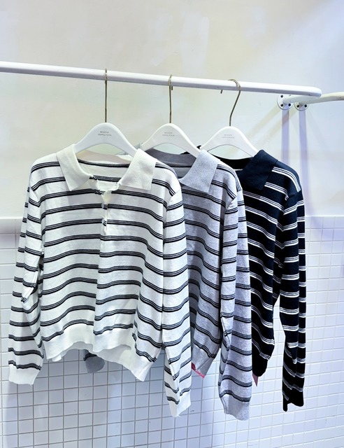 ➤條紋翻領小釦針織上衣(3色)